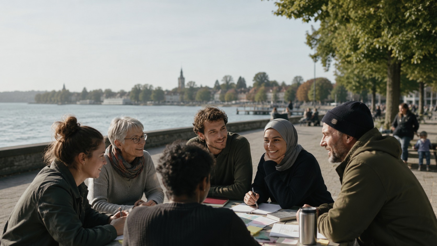 Menschen im Gespräch mit Blick auf den Bodensee als Titelmotiv für den Projektstart auf SEEPORTAL